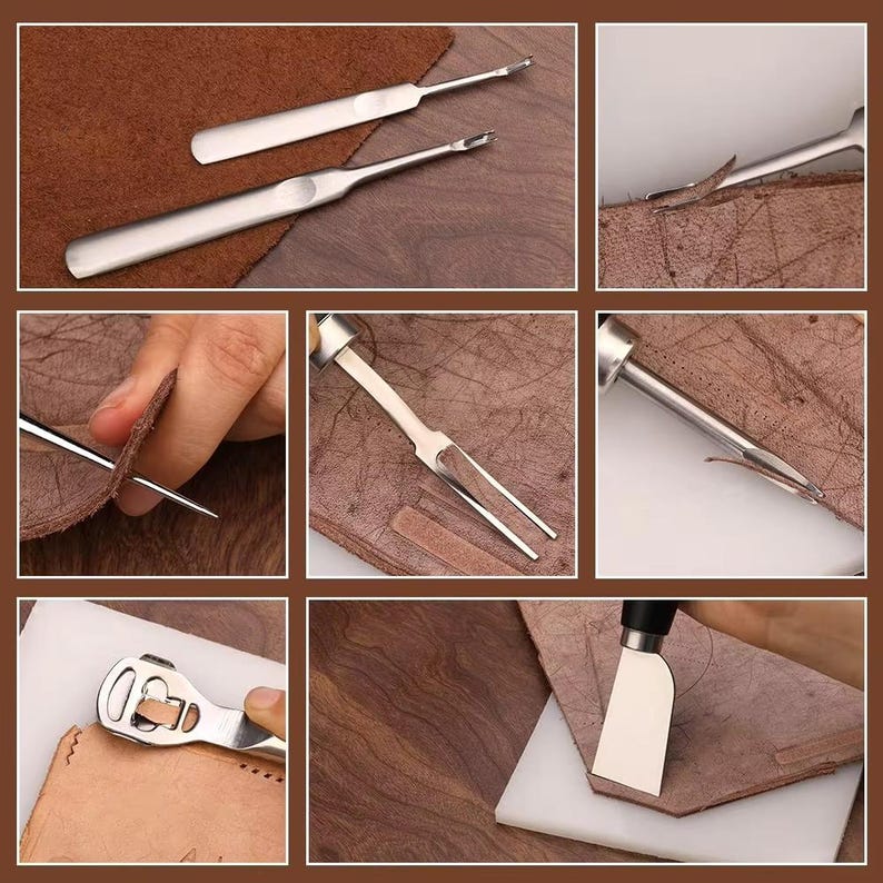 May include: A collection of stainless steel leatherworking tools, including a stitching groover, edge beveler, and a two-prong stitching chisel. The tools are shown in use on brown leather, demonstrating their function in various stages of leathercraft.