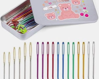 24Pcs Bent Tapestry Needles Kit with Large Eye, Stainless Steel Hand Sewing & Darning Needles Set with Stitch Markers and Storage Box