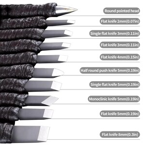 May include: A set of carving tools with various blade shapes and sizes. The tools include a round pointed head, flat knives (2mm, 3mm, 4mm, 5mm, and 8mm), a single flat knife (3mm and 5mm), a half-round push knife (5mm), and a monoclinic knife (5mm).