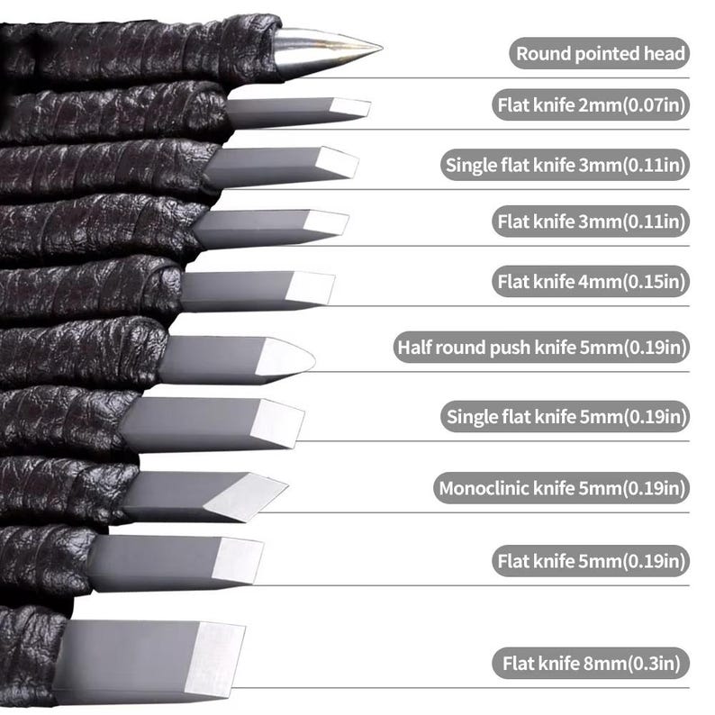 May include: A set of carving tools with various blade shapes and sizes. The tools include a round pointed head, flat knives (2mm, 3mm, 4mm, 5mm, and 8mm), a single flat knife (3mm and 5mm), a half-round push knife (5mm), and a monoclinic knife (5mm).
