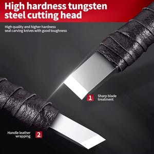 May include: Close-up of two seal carving knives with high hardness tungsten steel cutting heads. The handles are wrapped in black leather. The text in the image reads "High hardness tungsten steel cutting head" and "Sharp blade treatment."