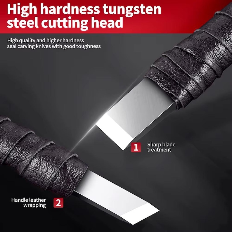 May include: Close-up of two seal carving knives with high hardness tungsten steel cutting heads. The handles are wrapped in black leather. The text in the image reads "High hardness tungsten steel cutting head" and "Sharp blade treatment."