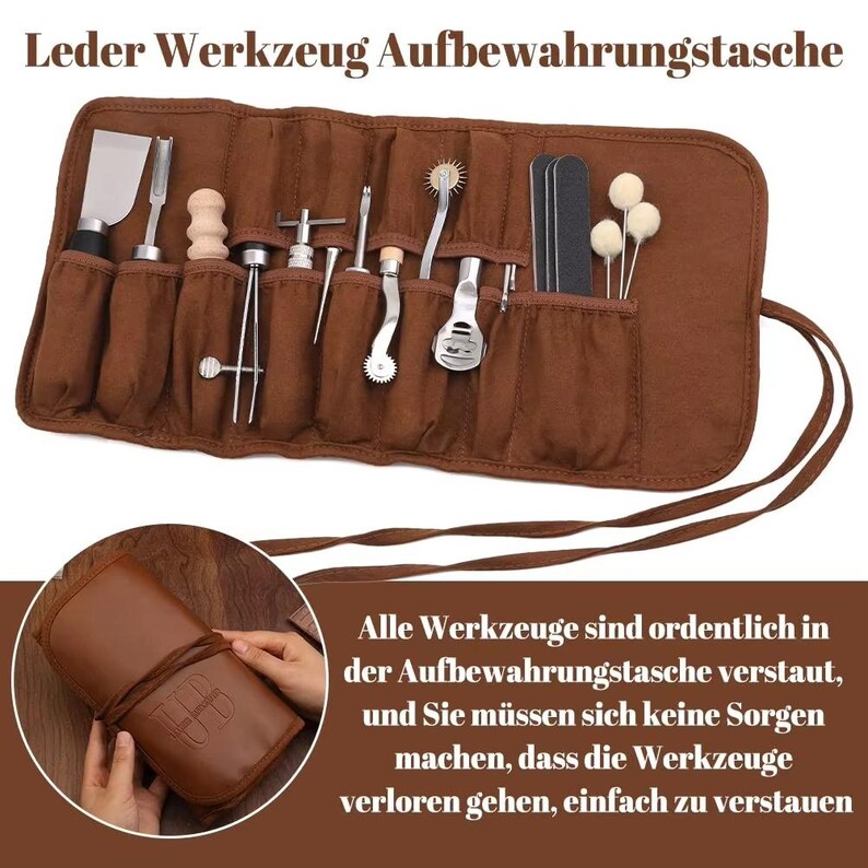 May include: A brown leather tool roll with multiple pockets, holding various silver tools, including a scraper, awls, and files. The text at the top says "Leather Tool Storage Bag". The roll is secured with a brown strap.