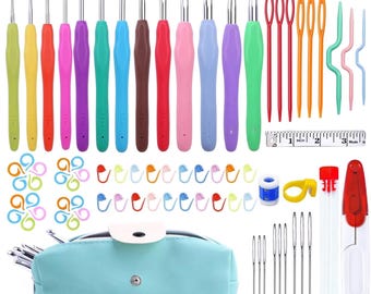 Juego de 77 agujas de crochet ergonómicas de aluminio y colorido kit de herramientas de crochet.