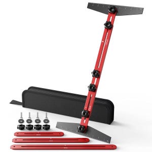 May include: A red and black adjustable T-square with black knobs and a black carrying case. The T-square has measurements in inches. Additional red bars and hardware are included.