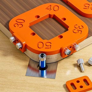 May include: An orange woodworking jig with the numbers 30, 35, 40, and 50 printed on it. The jig is square with a square cut out in the center. The jig is attached to a piece of wood. A blue and silver drill bit is in the center.