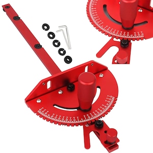 May include: A red metal miter gauge with a degree scale, knobs, and a long arm. Includes black washers and Allen keys. The tool is designed for precise angle cutting in woodworking projects.