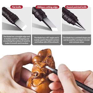 May include: Image of three wood carving knives with different blade shapes: flat, oblique, and round pointed. The flat knife is used for chopping and smoothing wood. The oblique knife is for joint corners. The round knife is for circular areas.
