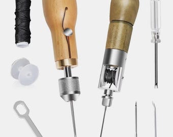 10Pcs Leather Sewing Awl Kit – Wooden Handle Hand Stitching Tool For Repairing Leather, Canvas & Gear