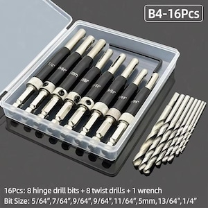 May include: A set of 16 drill bits, including hinge drill bits and twist drills, in a clear plastic case. The bits have black handles with size markings in inches and millimetres. The text "B4-16Pcs" is visible.