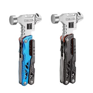 May include: Two multi-tools, one blue and one black, each with a hammer, adjustable wrench, and folding tools. The tools are stainless steel with the word "STAINLESS" printed on the wrench head. The handles have a textured design.