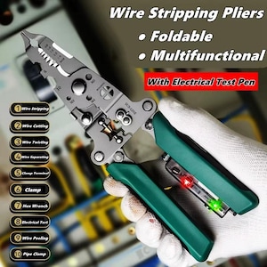 Pode incluir: Alicate decapador multifuncional com cabo verde e caneta de teste elétrica. Inclui funções de decapagem, corte, torção de fios, etc. A ferramenta é dobrável e apresenta o texto "Wire Stripping Pliers".
