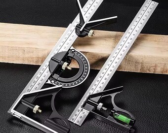 Adjustable Combination Square Ruler Set | Metal Carpenter Measuring Tool, Protractor, Level