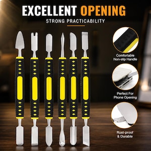 May include: A set of six double-ended metal pry tools with black and yellow textured handles. The tools feature various tip shapes including flat, pointed, and notched ends. Text at the top reads EXCELLENT OPENING STRONG PRACTICABILITY.