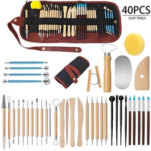 May include: A 40-piece clay tool set. The set includes various tools with wooden and metal handles, brushes, and sponges. The tools are arranged in a brown leather-like roll-up case and a black roll-up case. The text "40PCS CLAY TOOLS" is visible.