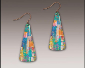 May include: A pair of abstract art earrings. Each earring is a colorful, elongated triangle with a copper-colored hook. The design features a mosaic of blues, greens, oranges, and pinks, creating a vibrant, artistic look.