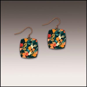 May include: A pair of square earrings with a floral design. The earrings feature a dark teal background with orange, yellow, and green flowers. The ear wires are a copper color.