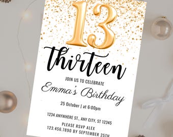 Faire-part du 13e anniversaire scintillant d'or rose, invitation modifiable pour la fête d'anniversaire de 13 ans