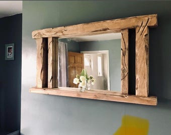 Handcrafted Warm Oak Pillar Mirror | Rustic Farmhouse Wooden Frame Decor