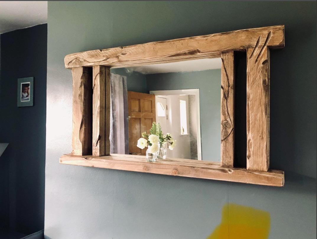 Handcrafted Warm Oak Pillar Mirror | Rustic Farmhouse Wooden Frame