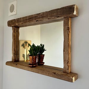 Rustic Wooden Wall Mirror | Handmade Farmhouse Shelf Mirror |  Solid Wood Home Décor