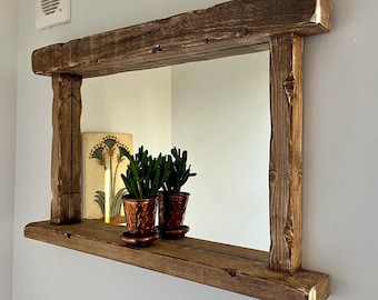Rustic Wooden Wall Mirror | Handmade Farmhouse Shelf Mirror |  Solid Wood Home Décor
