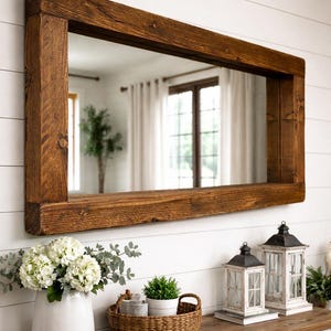 Handcrafted Chunky Rustic Walnut Mirror | Rustic Solid Wood Farmhouse Wall Decor