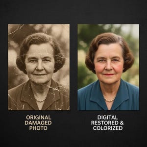 May include: Side-by-side comparison of a damaged, sepia-toned photo and a digitally restored, colorized version. The restored image shows a woman in a blue top with a pearl necklace. Text reads "ORIGINAL DAMAGED PHOTO" and "DIGITAL RESTORED & COLORIZED."