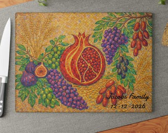 Personalized Pomegranate mosaic tray, Glass Challah Board Plate, Seven Species shavuot Decor, 7 of israel, shabbat tray, passover gift 2