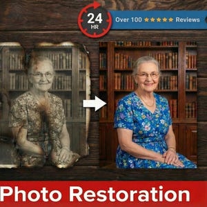 May include: Image showcasing photo restoration. A before-and-after comparison of a vintage photo, damaged on the left, and restored on the right. The restored photo shows a woman in a floral dress. Text reads "Photo Restoration".