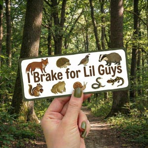 May include: A rectangular bumper sticker with the text "I Brake for Lil Guys" and illustrations of various animals, including a fox, hedgehog, and badger. The sticker is held in front of a forest background.