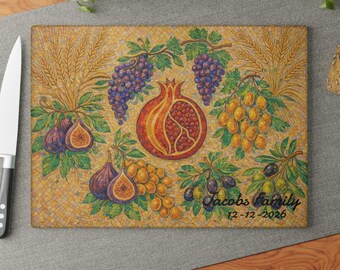 Personalized Pomegranate mosaic tray, Glass Challah Board Plate, Seven Species shavuot Decor, 7 of israel, shabbat tray, passover gift