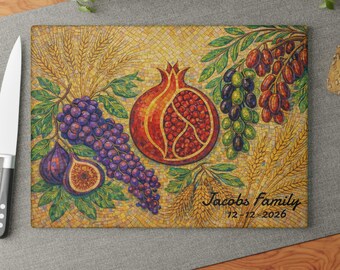 Personalized Pomegranate mosaic tray, Glass Challah Board Plate, Seven Species shavuot Decor, 7 of israel, shabbat tray, passover gift