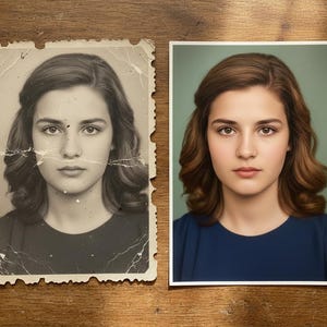 May include: Side-by-side portraits of a woman, one vintage and one modern. The vintage photo is black and white, aged, and damaged. The modern photo is in color, with the woman wearing a blue top and set against a green background.