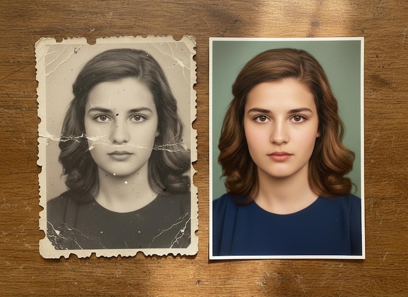 May include: Side-by-side portraits of a woman, one vintage and one modern. The vintage photo is black and white, aged, and damaged. The modern photo is in color, with the woman wearing a blue top and set against a green background.
