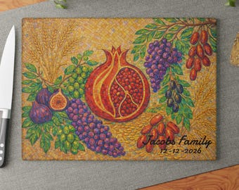 Personalized Pomegranate mosaic tray, Glass Challah Board Plate, Seven Species shavuot Decor, 7 of israel, shabbat tray, passover gift