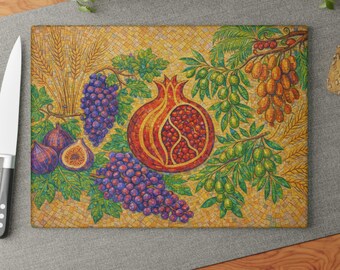 Pomegranate mosaic tray, Glass Challah Board Plate, Seven Species shavuot Decor, 7 of israel, shabbat tray, passover gift 4