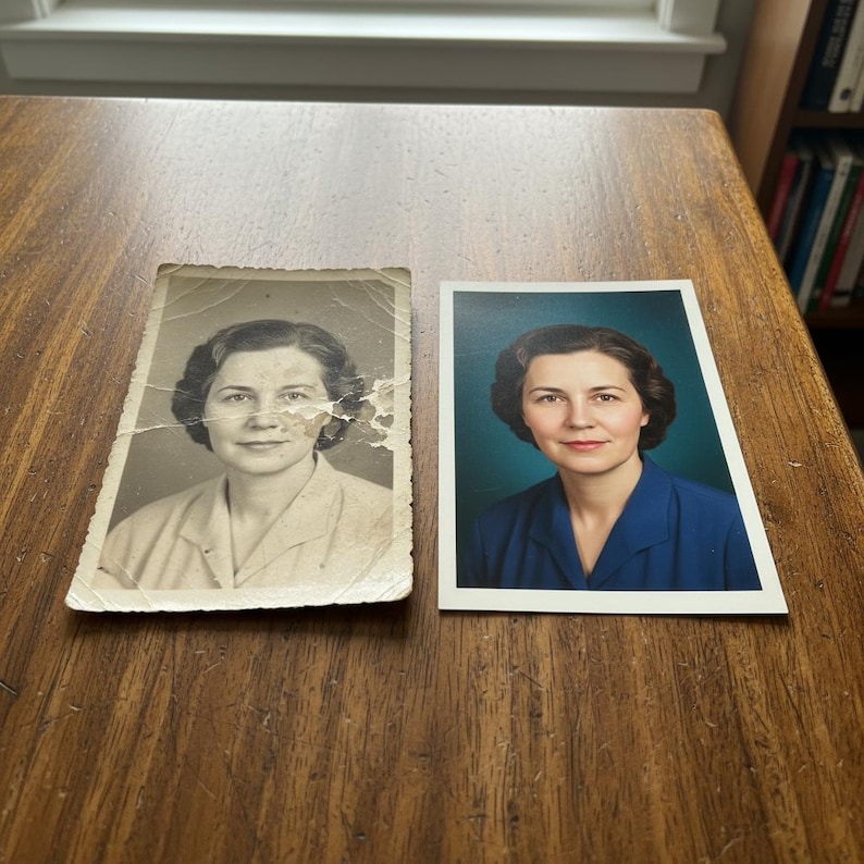 May include: Two portrait photographs of a woman on a wooden surface. One is a vintage black and white image with damage along the edges. The other is a color photograph of the same woman in a blue top against a teal background.