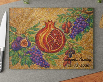 Personalized Pomegranate mosaic tray, Glass Challah Board Plate, Seven Species shavuot Decor, 7 of israel, shabbat tray, passover gift