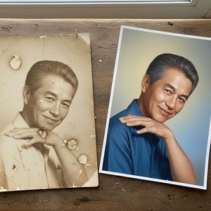 May include: Side-by-side comparison of a vintage sepia-toned photograph and a color portrait. The older photo shows wear and tear, while the color portrait depicts the same person in a blue shirt, with a soft, gradient background.
