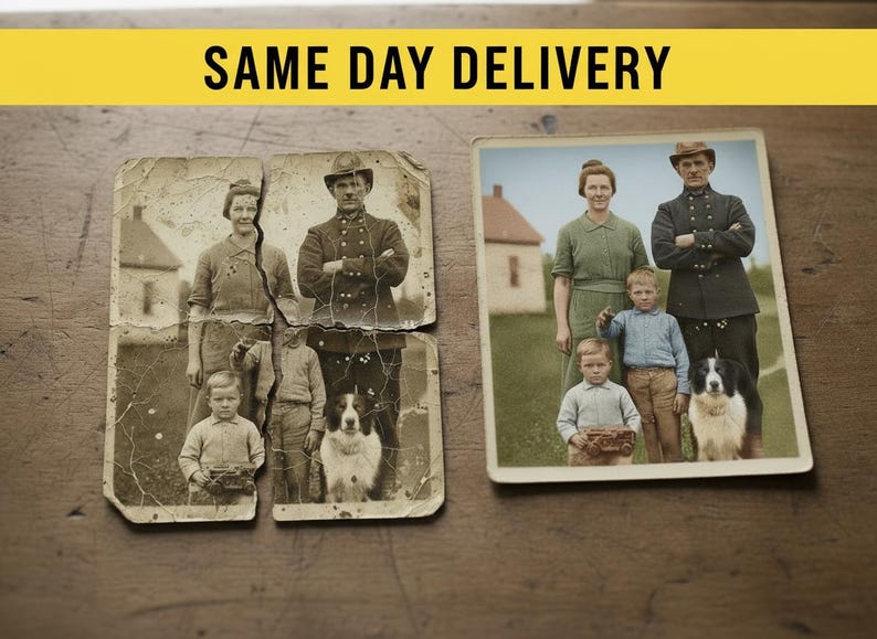 May include: Two vintage family photos, one restored and the other damaged, are displayed side-by-side. The restored photo shows a family with a dog. The damaged photo is in pieces. Text at the top reads "SAME DAY DELIVERY".