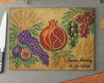 Personalized Pomegranate mosaic tray, Glass Challah Board Plate, Seven Species shavuot Decor, 7 of israel, shabbat tray, passover gift 5
