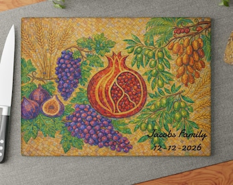 Personalized Pomegranate mosaic tray, Glass Challah Board Plate, Seven Species shavuot Decor, 7 of israel, shabbat tray, passover gift 3