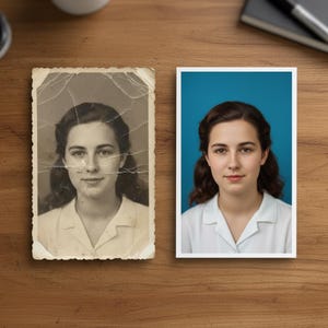 May include: Side-by-side comparison of a restored portrait and a vintage photograph. The restored image features a woman with brown hair and a white collared shirt against a blue backdrop. The vintage photo is a black and white image of the same woman.