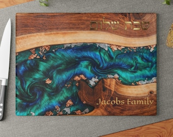 Personalized Glass Cutting Board Epoxy River Resin Printed,  Chopping Board Couples Wedding Gift, Glass Charcuterie Board