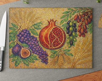 Pomegranate mosaic tray, Glass Challah Board Plate, Seven Species shavuot Decor, 7 of israel, shabbat tray, passover gift 3