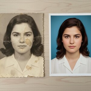 May include: Side-by-side comparison of a restored portrait and its damaged original. The restored image shows a woman with dark hair and a white collared shirt against a blue backdrop. The original is a faded, damaged black and white photo.