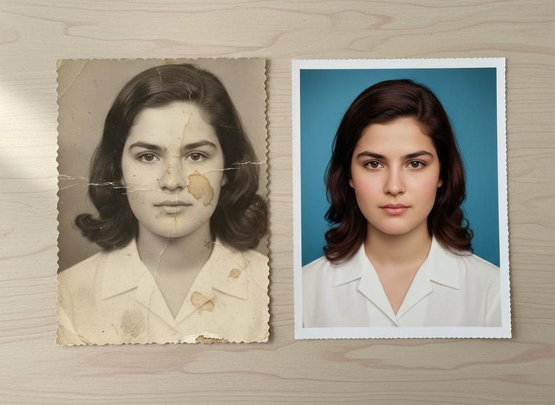 May include: Side-by-side comparison of a restored portrait and its damaged original. The restored image shows a woman with dark hair and a white collared shirt against a blue backdrop. The original is a faded, damaged black and white photo.