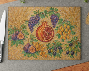 Pomegranate mosaic tray, Glass Challah Board Plate, Seven Species shavuot Decor, 7 of israel, shabbat tray, passover gift