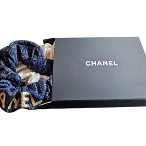 2PC Chanel Beauty Hair Scrunchie Accessories Navy/Gold & Cream/Gold
